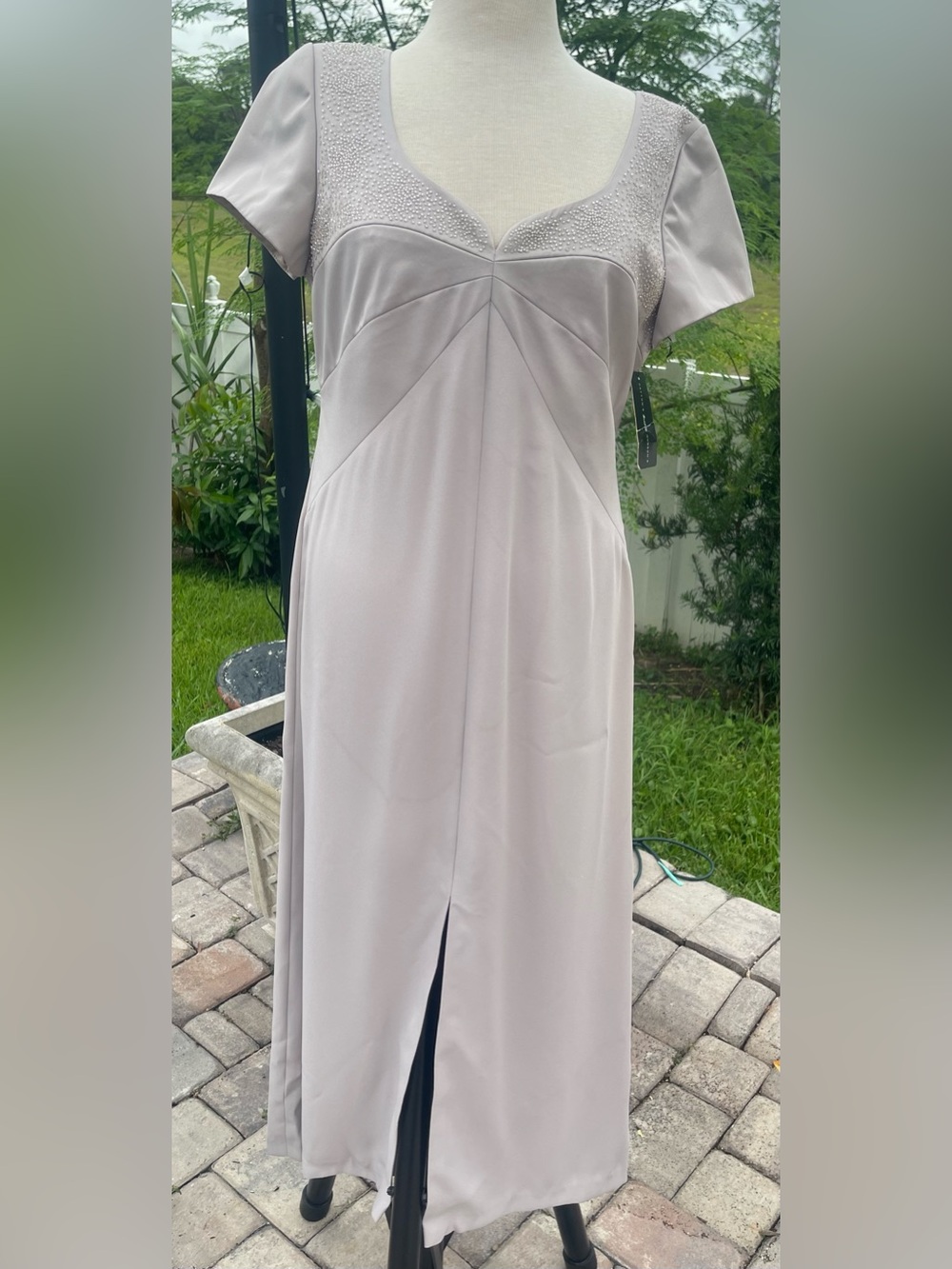 Liz Claiborne Light Taupe Short Sleeve Maxi Dress with Beaded Yoke